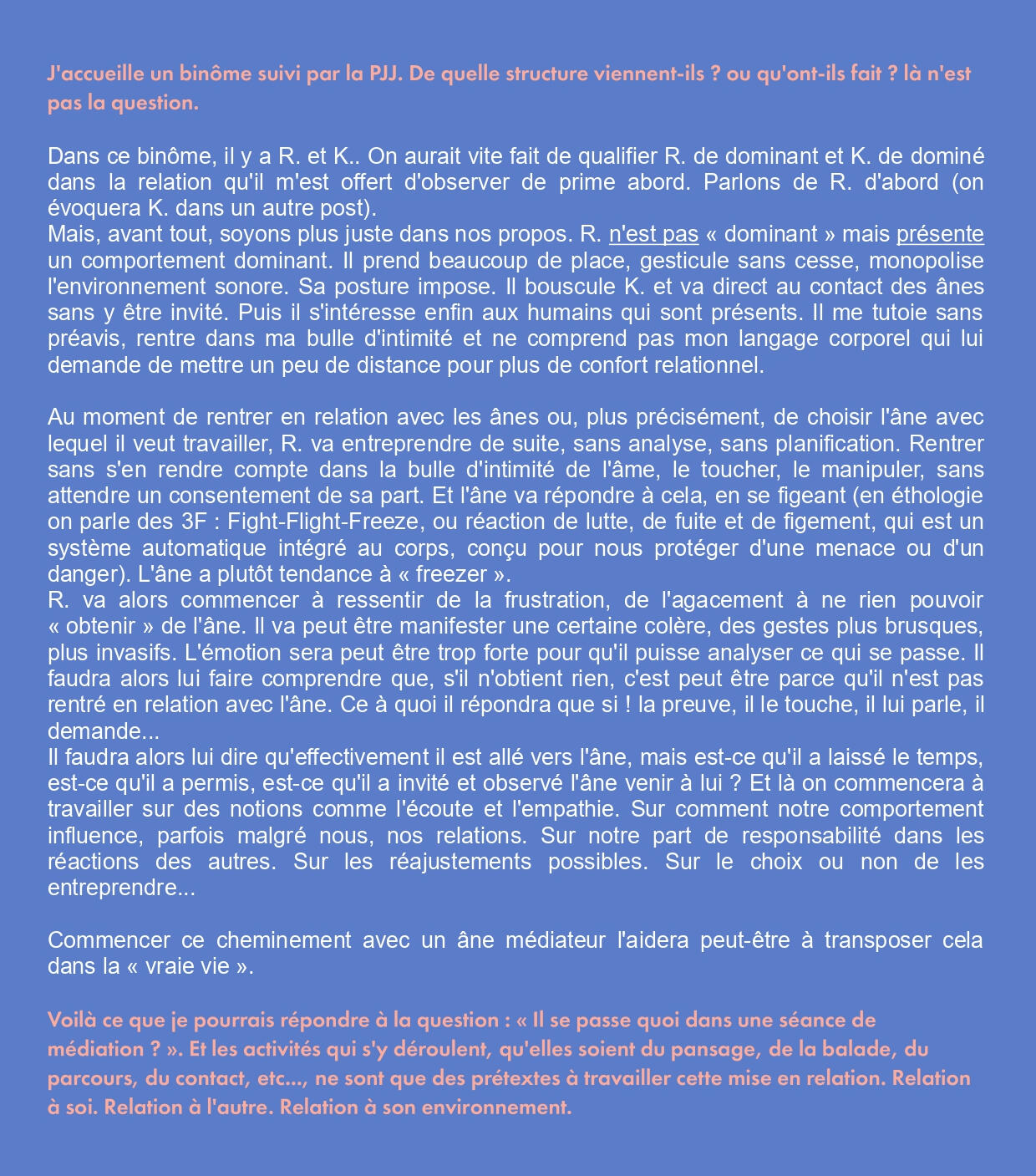 Texte sur fond bleu décrivant la séance de R.