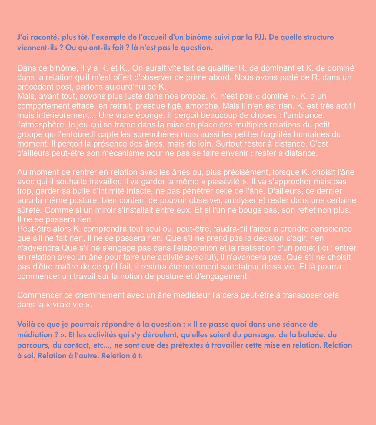 Texte sur fond rose décrivant la séance de R.
