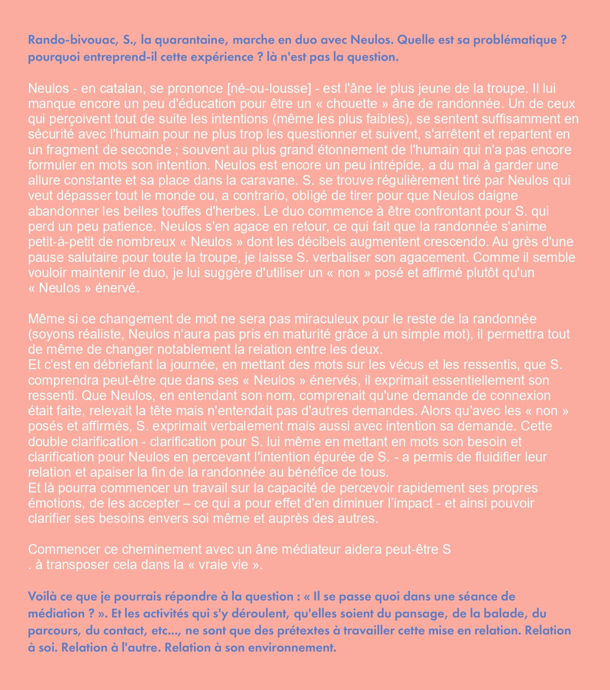 Texte sur fond rose décrivant la séance de S.
